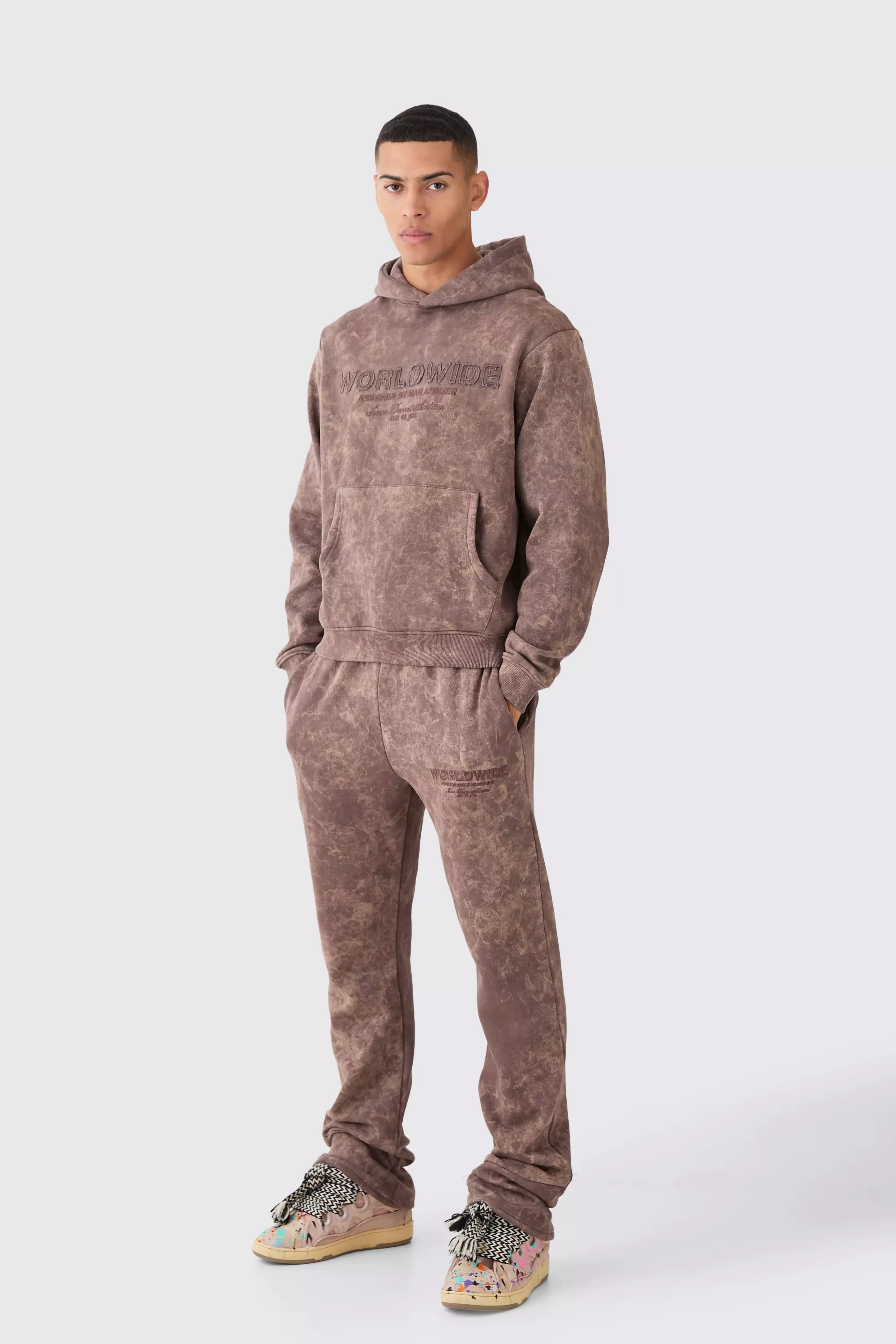 Chocolate Brown Boxy Distressed Applique Washed Stacked Tracksuit