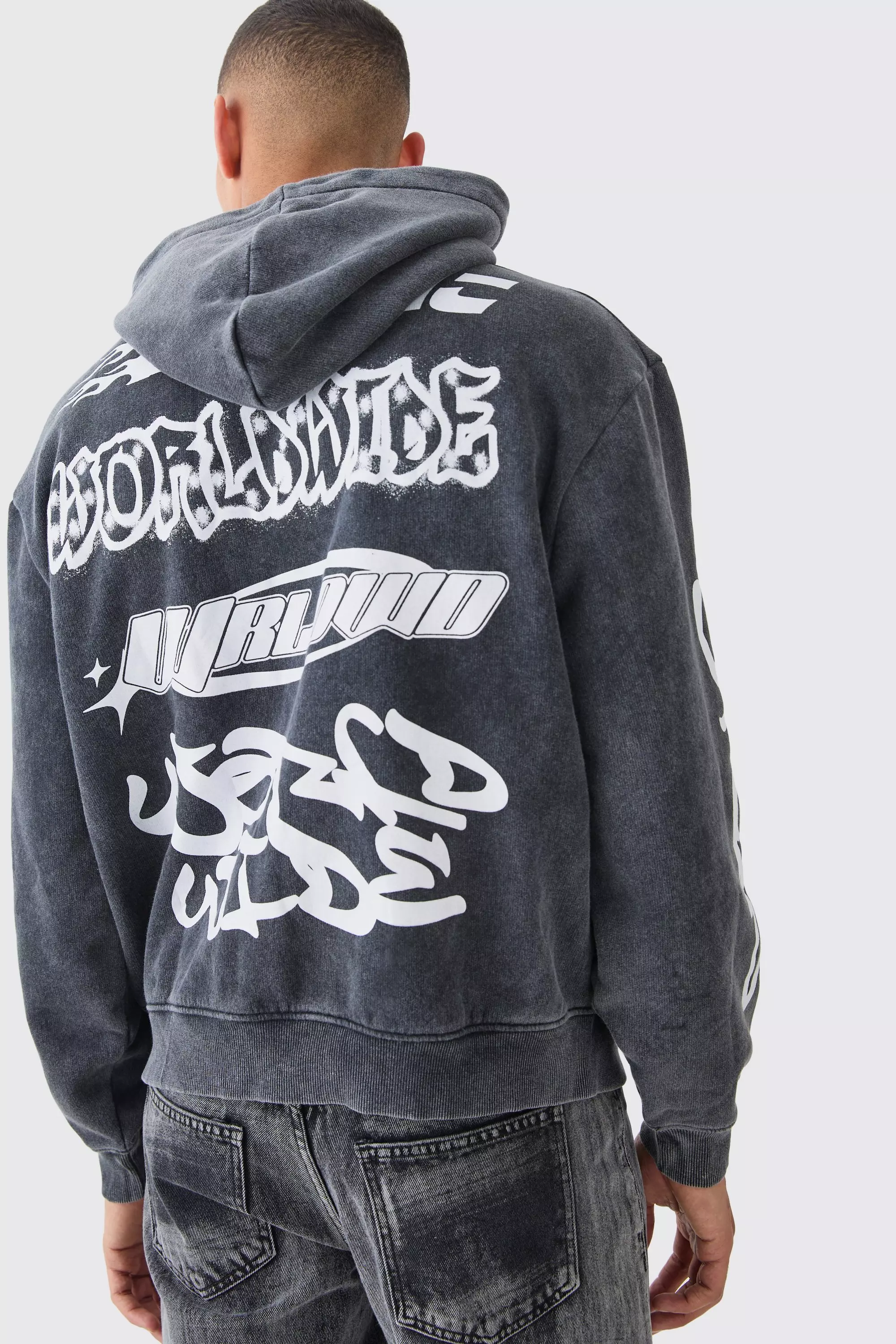 Black Oversized Boxy Puff Print Acid Wash Hoodie alternative image