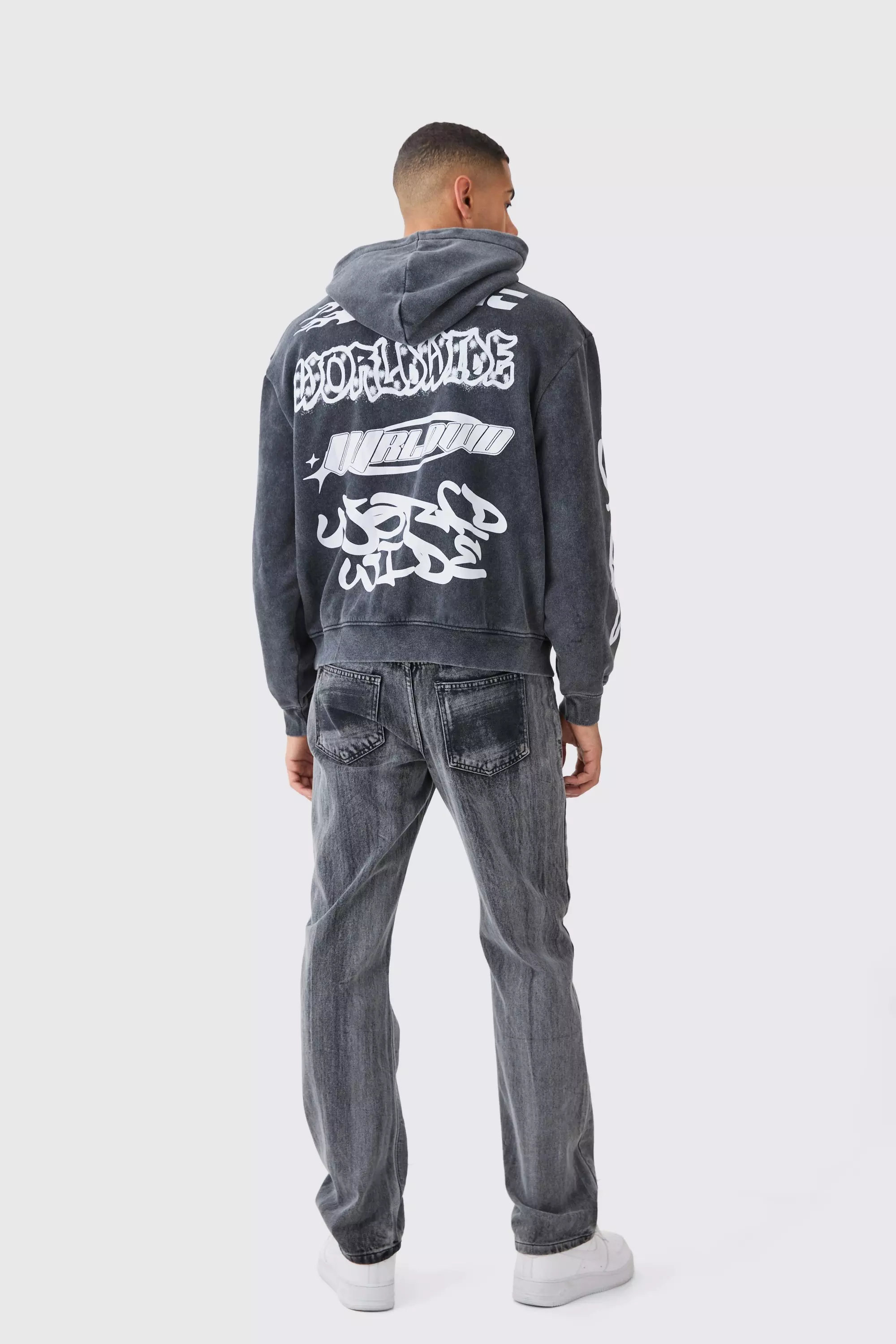 Black Oversized Boxy Puff Print Acid Wash Hoodie alternative image