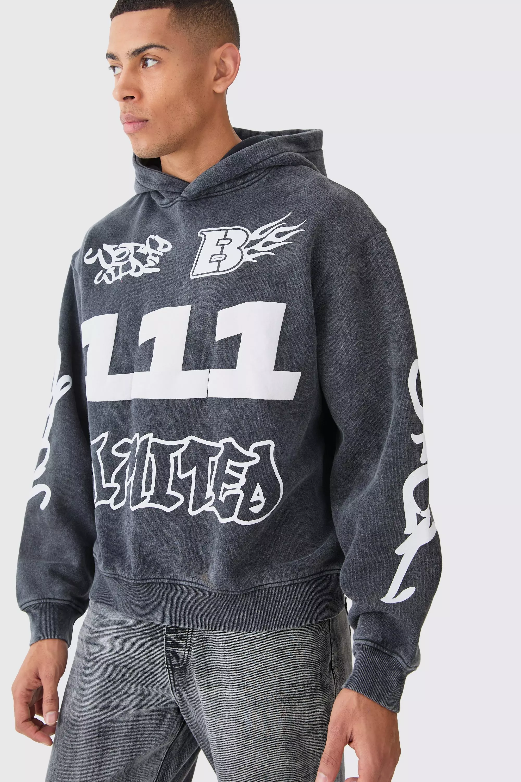 Black Oversized Boxy Puff Print Acid Wash Hoodie alternative image