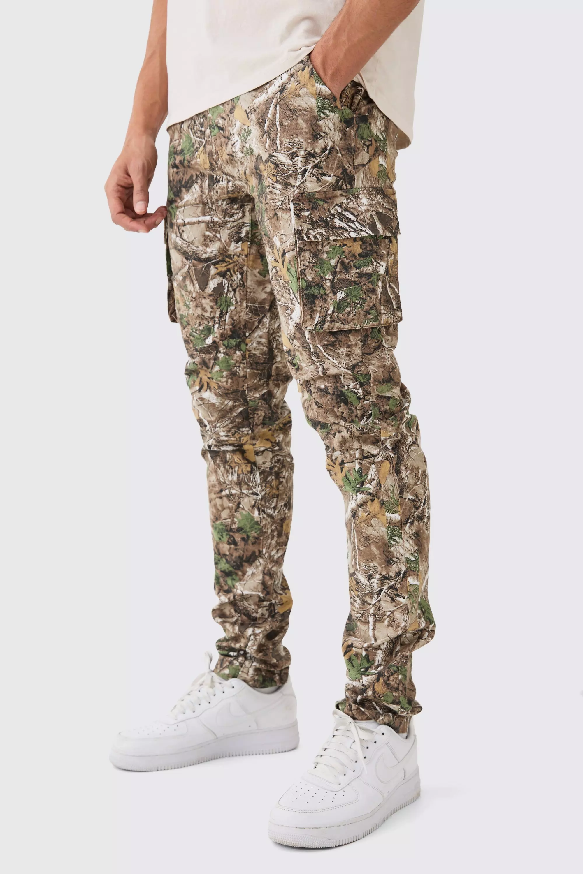 Khaki Forest Camo Slim Stacked Multi Cargo Pants