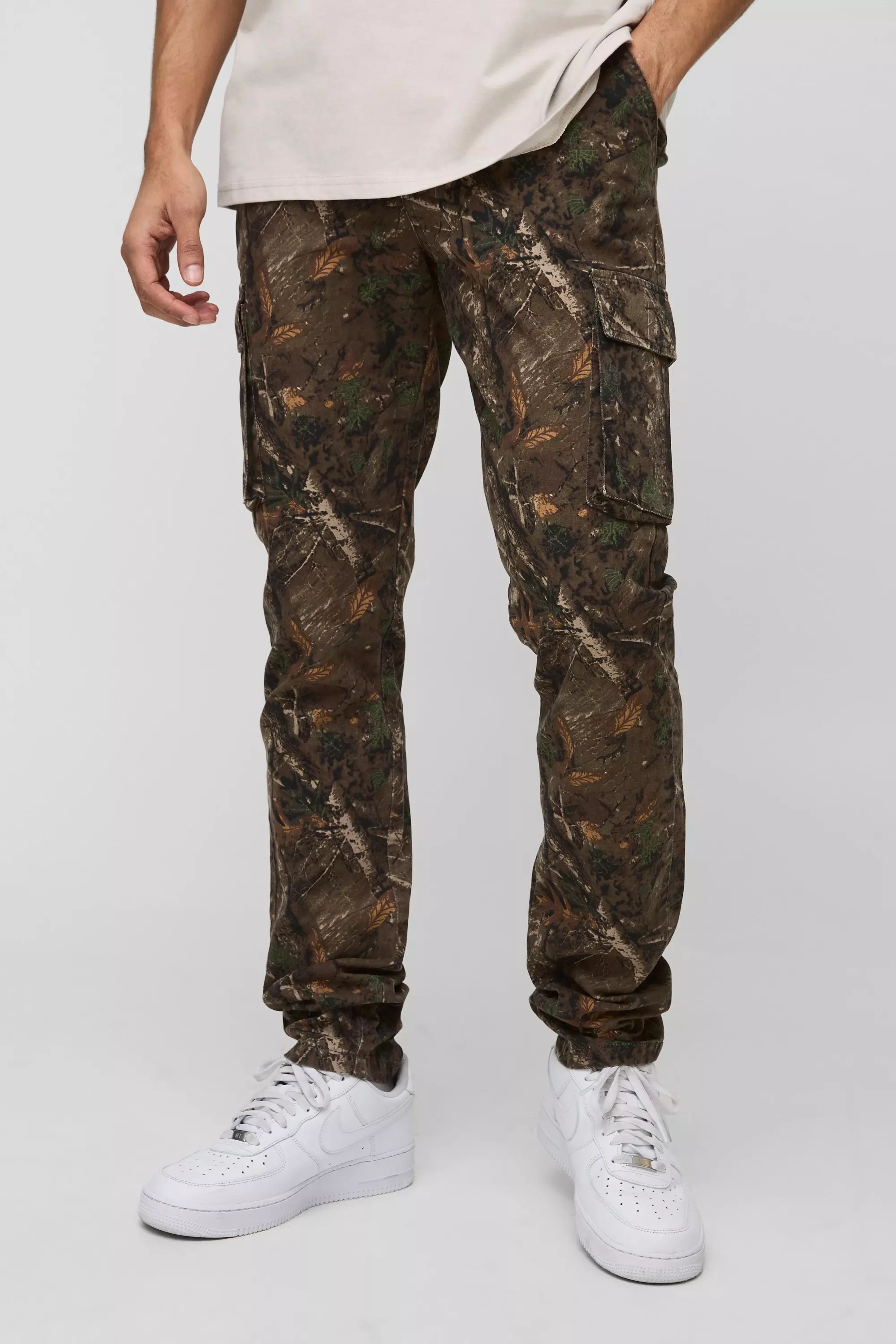 Khaki Forest Camo Slim Stacked Multi Cargo Trouser