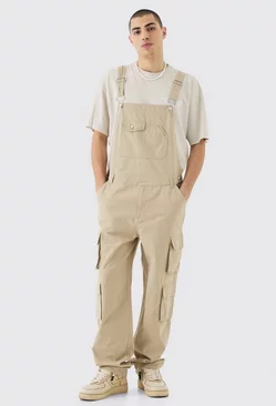Washed Twill Multi Cargo Pocket Relaxed Fit Dungarees Stone