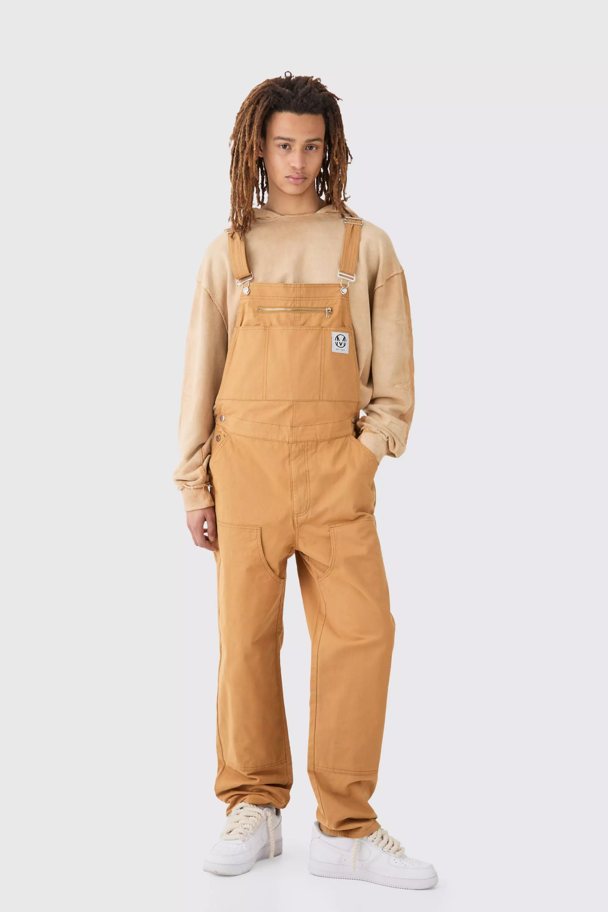 Washed Twill Branded Zip Carpenter Relaxed Fit Overalls Tan