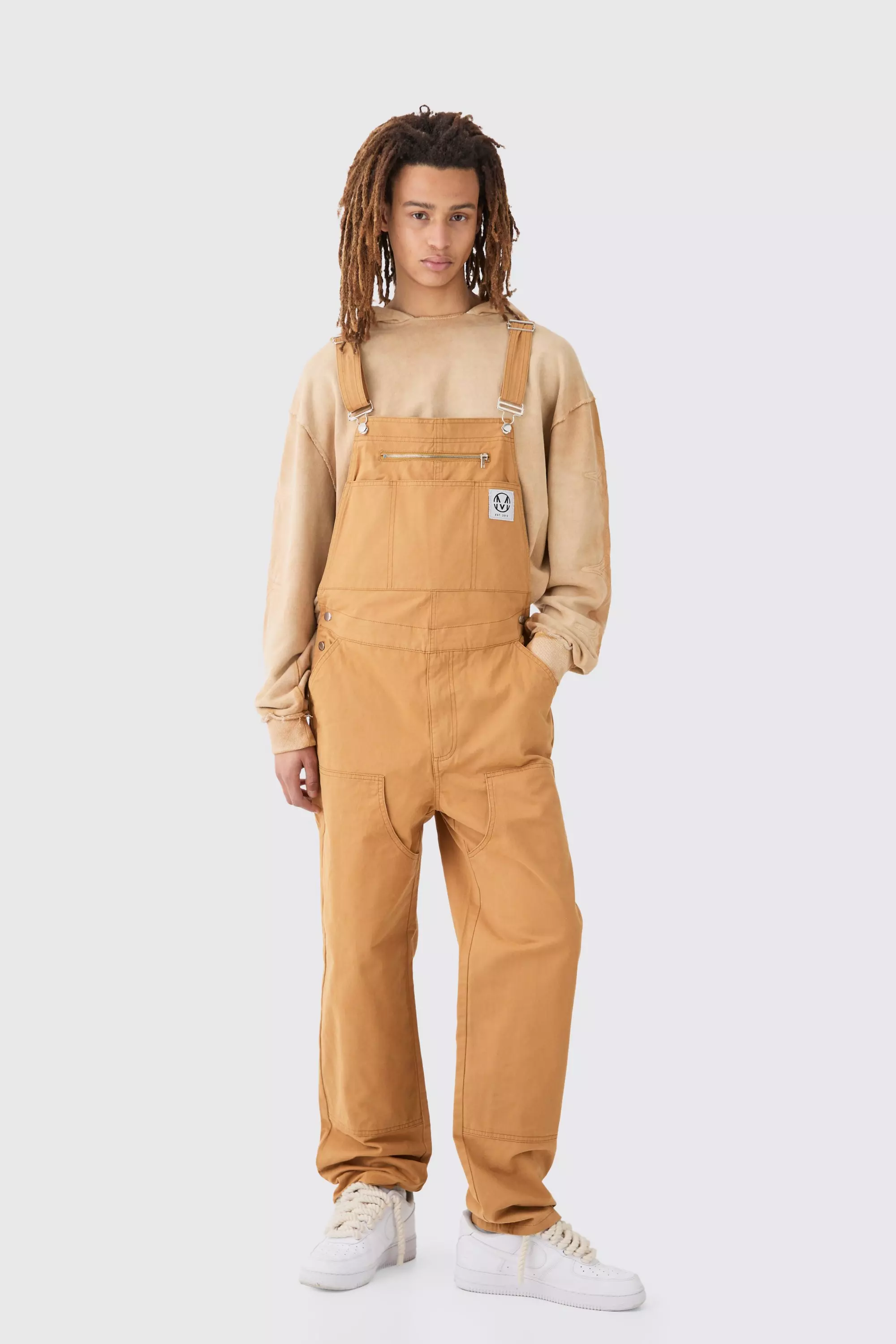 Washed Twill Branded Zip Carpenter Relaxed Fit Dungarees Tan