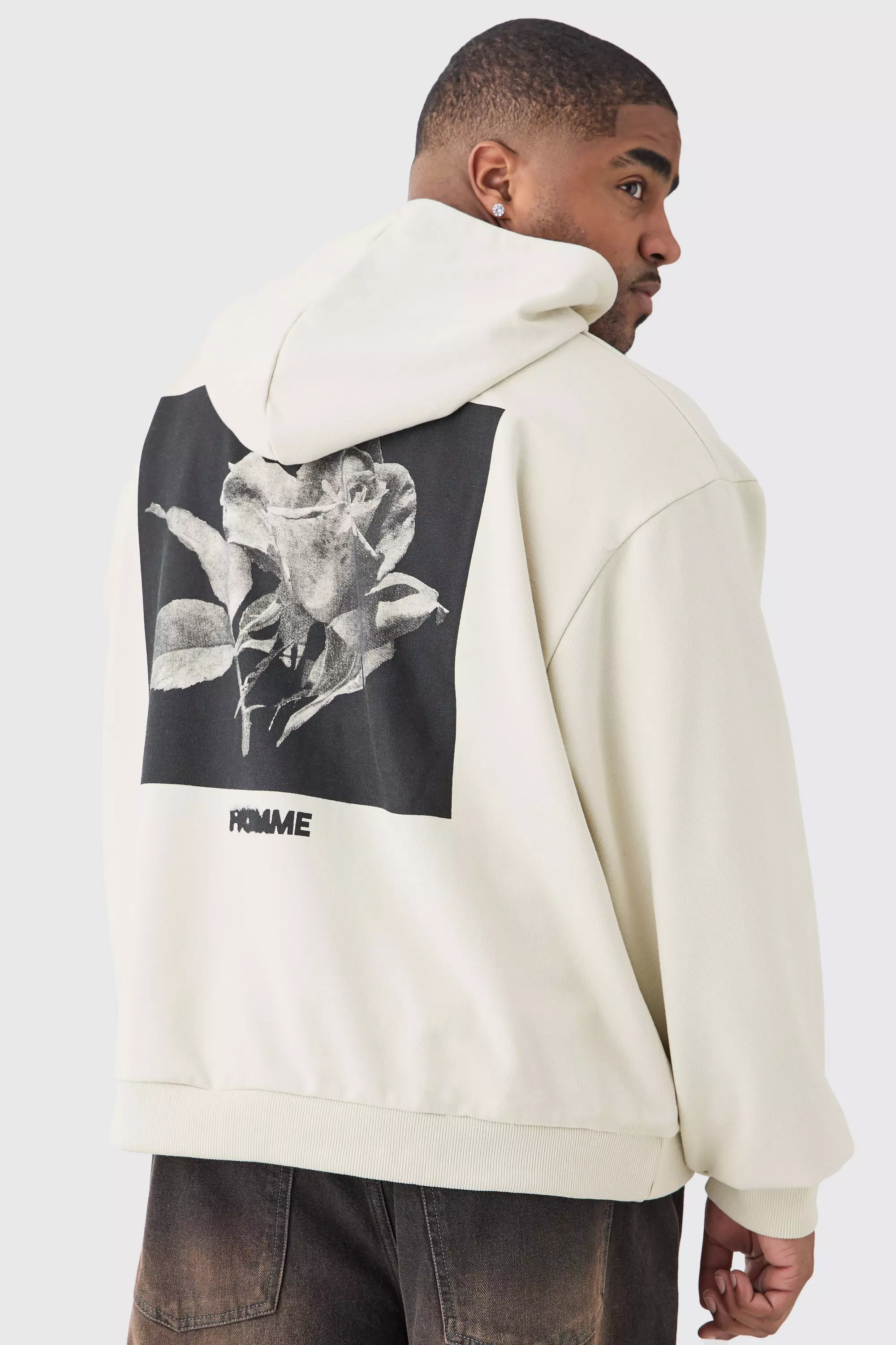 Light-grey Grey Plus Oversized Boxy Heavyweight Back Graphic Hoodie