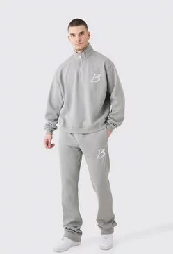Tall Oversized Boxy B 1/4 Zip Stacked Tracksuit Charcoal