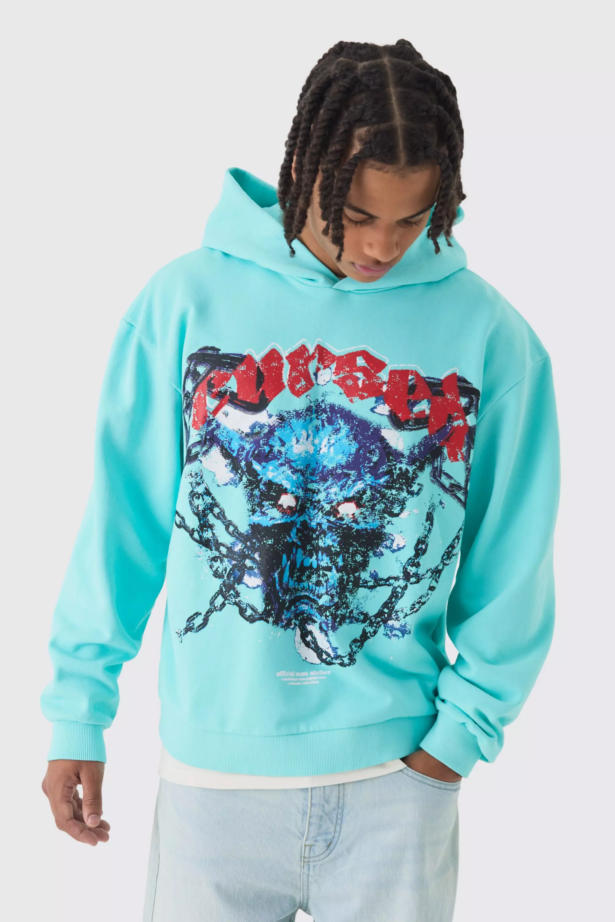 Blue Oversized Boxy Acid Wash Loopback Hoodie alternative image