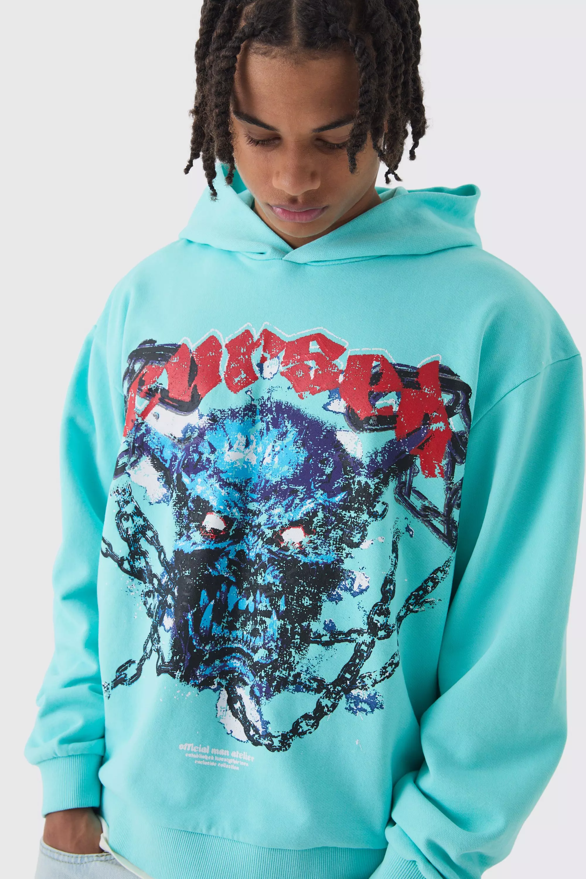 Blue Oversized Boxy Acid Wash Loopback Hoodie alternative image