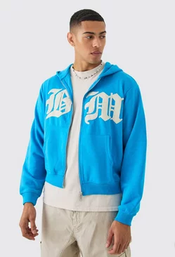 Blue Boxy Distressed Applique Washed Hoodie