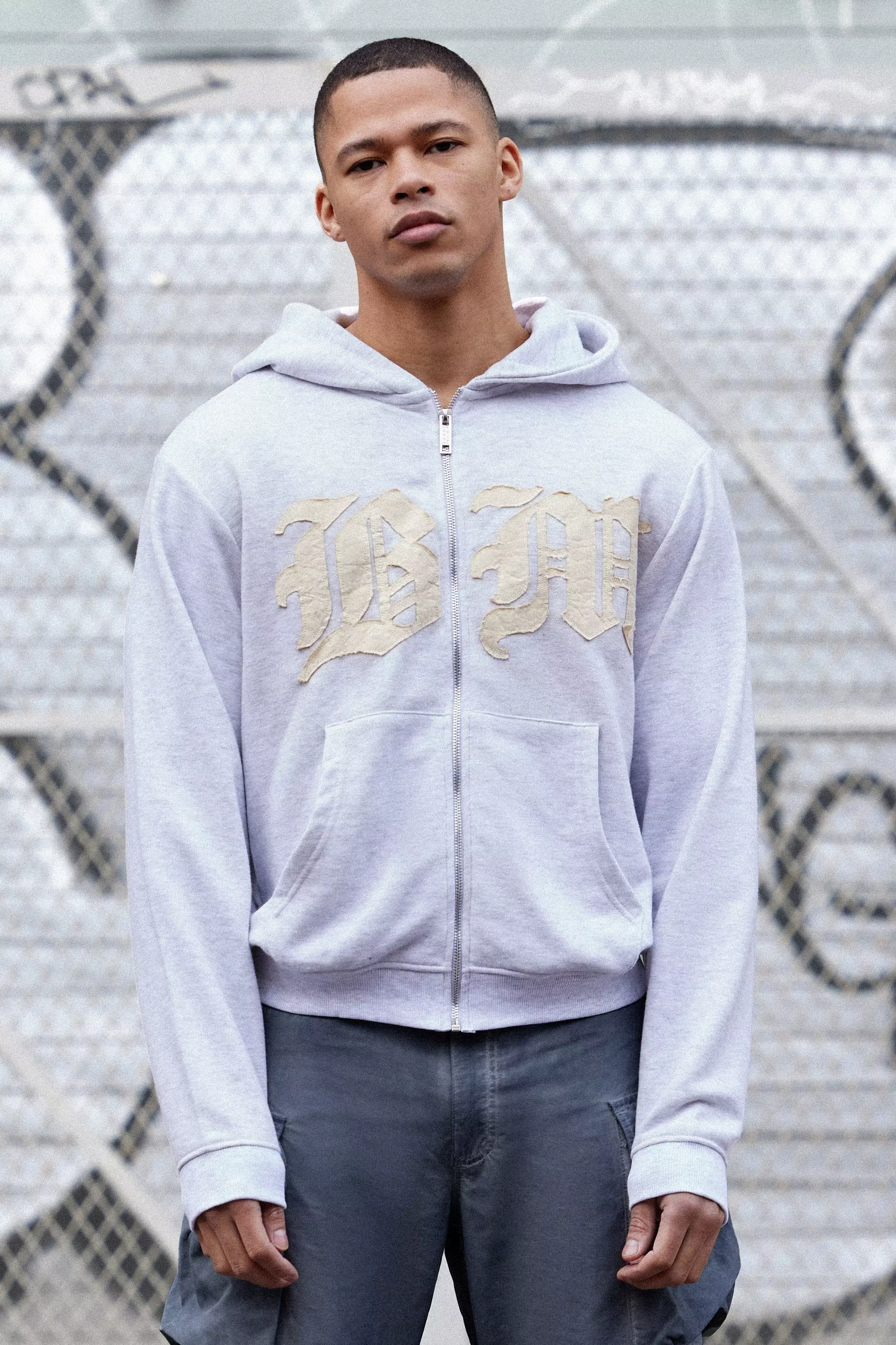 Grey Boxy Distressed Applique Washed Hoodie