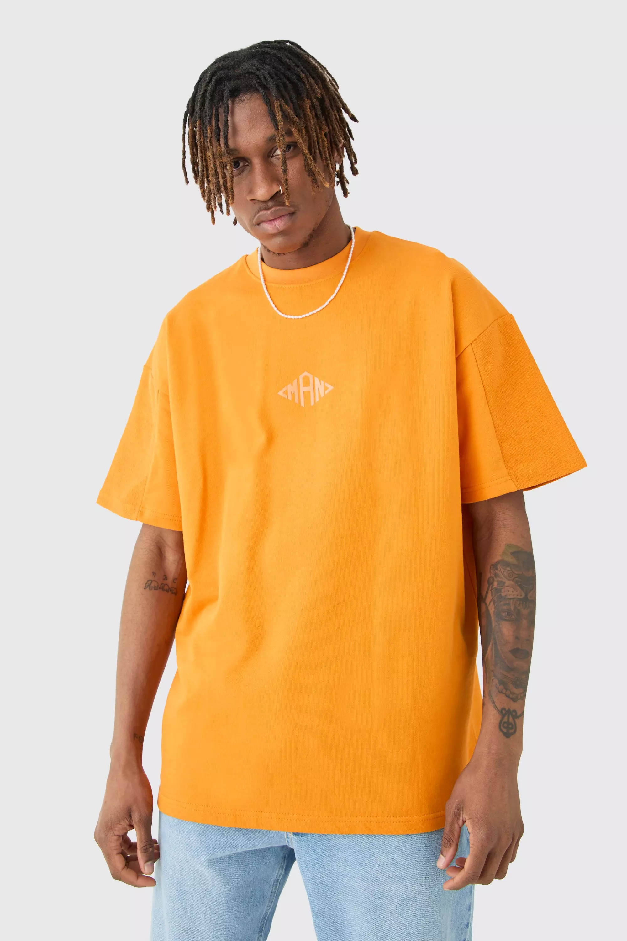 Tall Oversized Silicone Print Panelled T-shirt Orange