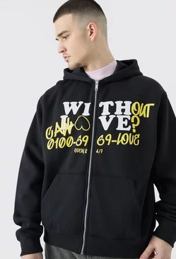 Tall Boxy Without Love Print Zip Hoodie Black