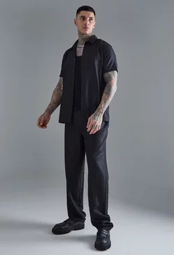 Tall Short Sleeve Soft Twill Smart Shirt & Trouser Black