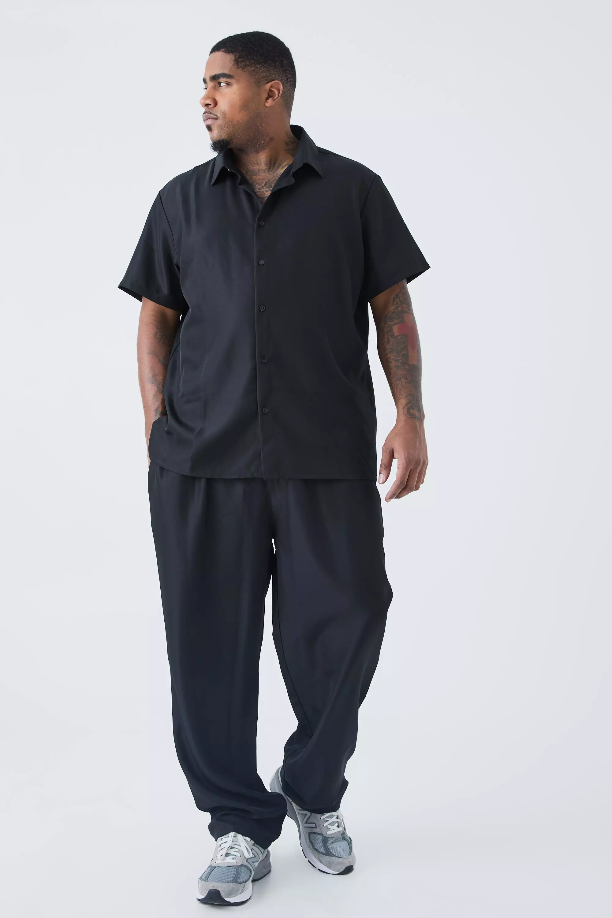 Plus Short Sleeve Soft Twill Smart Shirt & Trouser Black