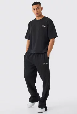 Oversized Boxy Embroided T-shirt And Trouser Set Black