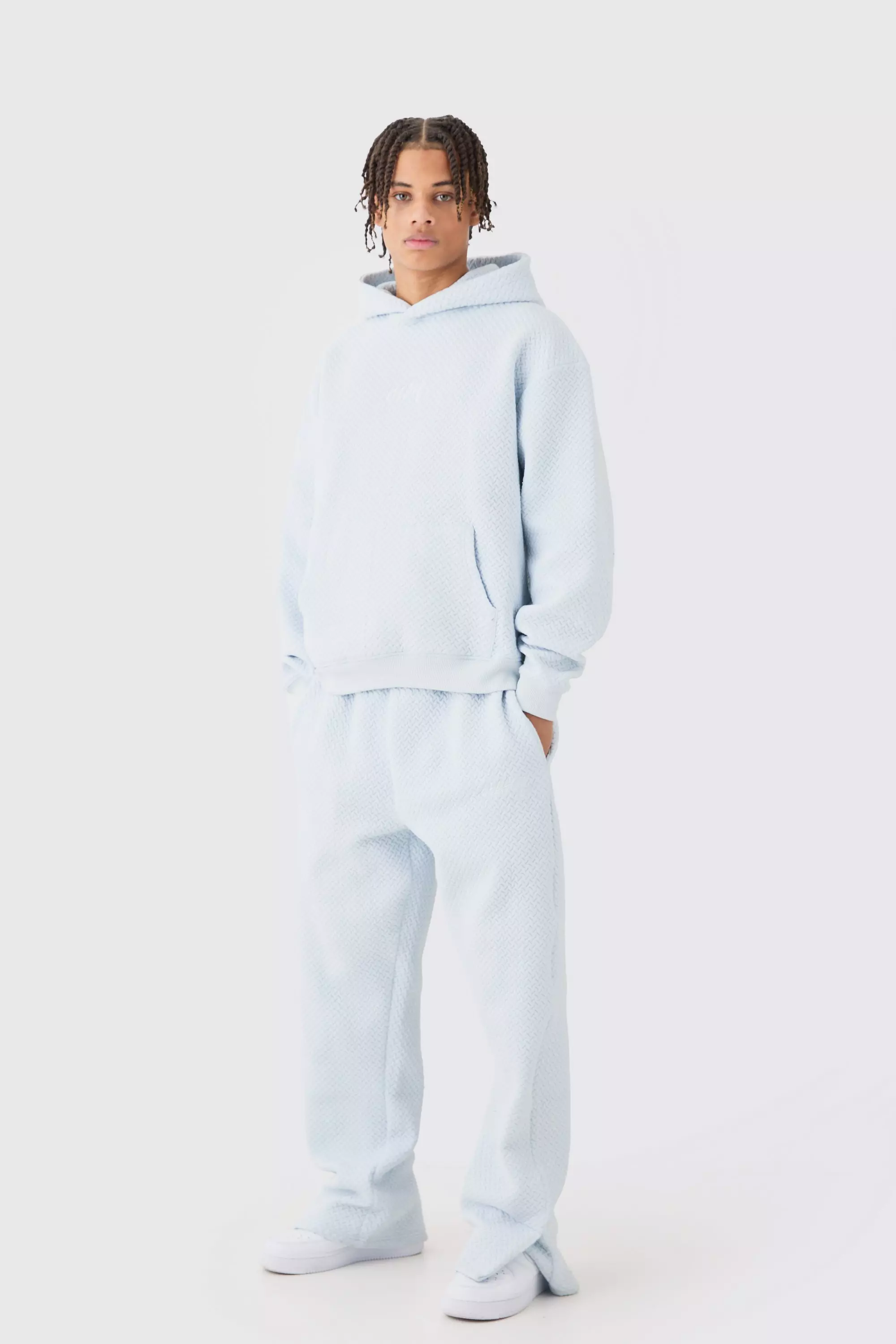 Oversized Boxy Jacquard Quilted Embroided Hooded Tracksuit Light blue