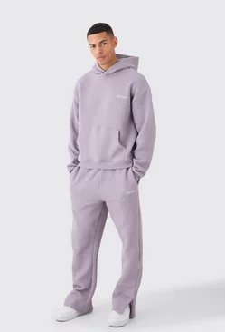 Oversized Boxy Jacquard Quilted Embroided Hooded Tracksuit Mauve