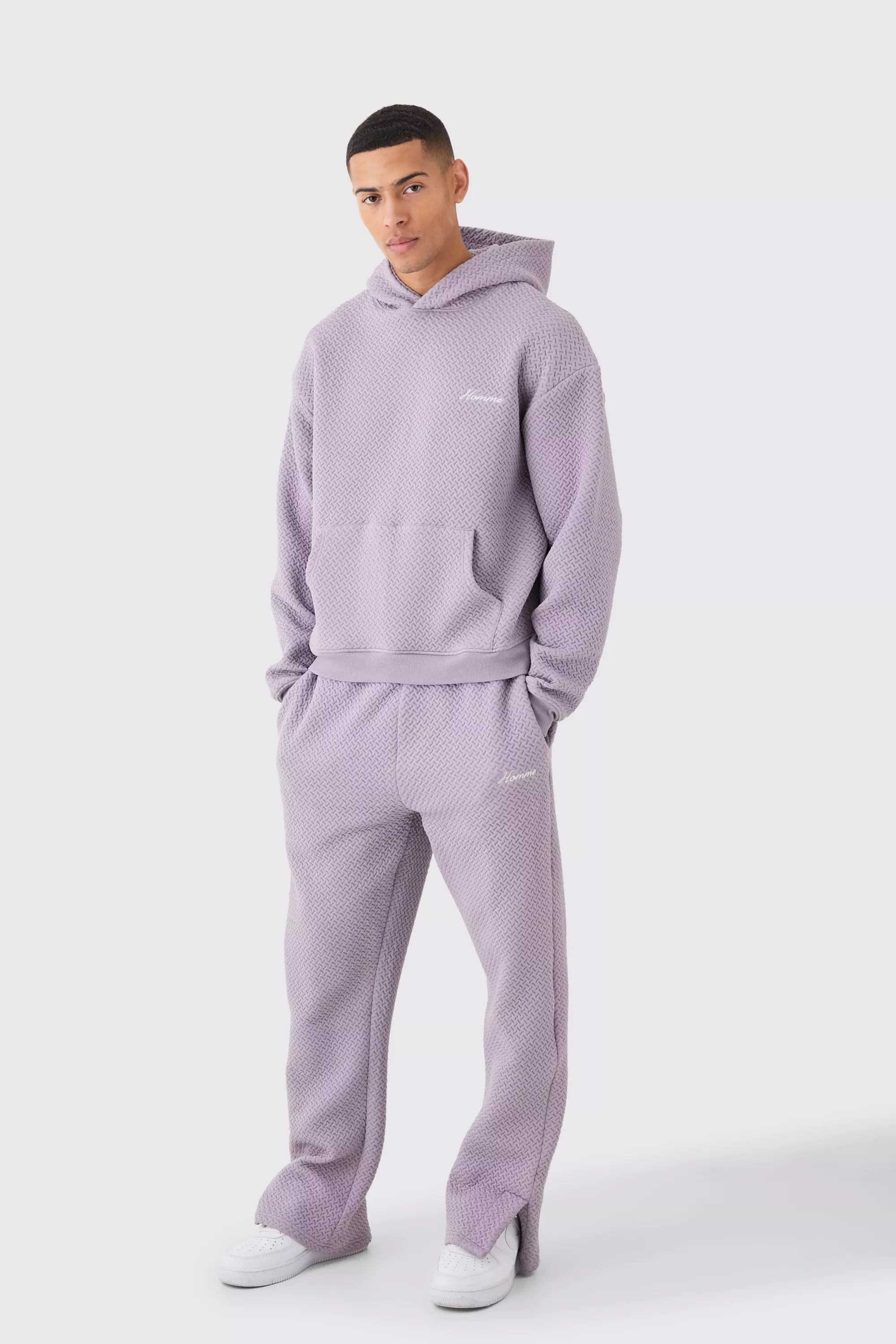 Oversized Boxy Jacquard Quilted Embroided Hooded Tracksuit Mauve