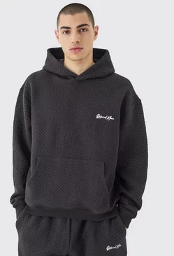 Oversized Boxy Jacquard Quilted Embroided Hoodie Black