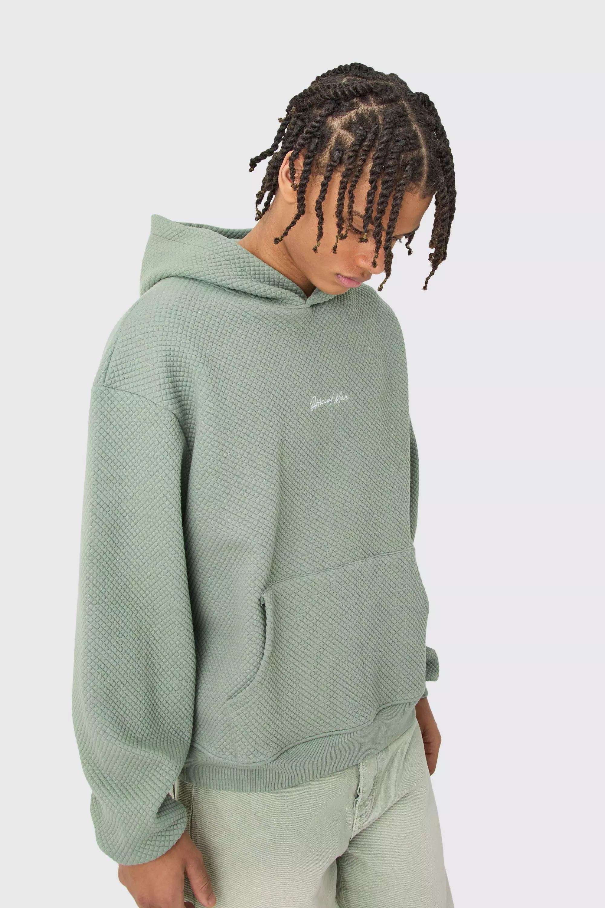 Oversized Boxy Quilted Embroided Hoodie Green