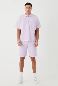 Oversized 1/4 Zip Embroided Polo And Short Set Lilac