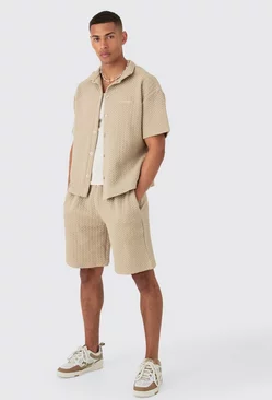 Oversized Boxy Embroided Polo And Short Set Taupe