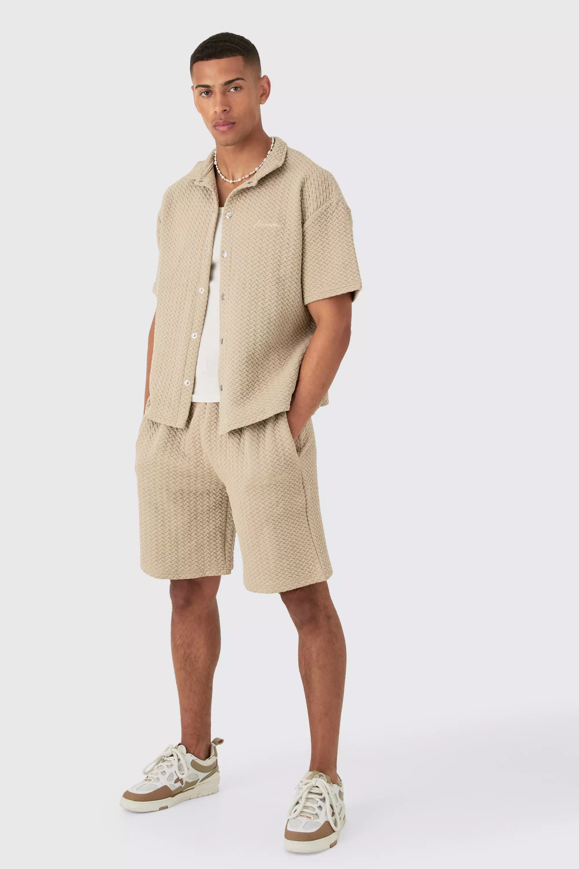 Oversized Boxy Embroided Polo And Short Set Taupe