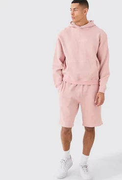 Pink Oversized Boxy Quilted Embroided Hooded Short Tracksuit