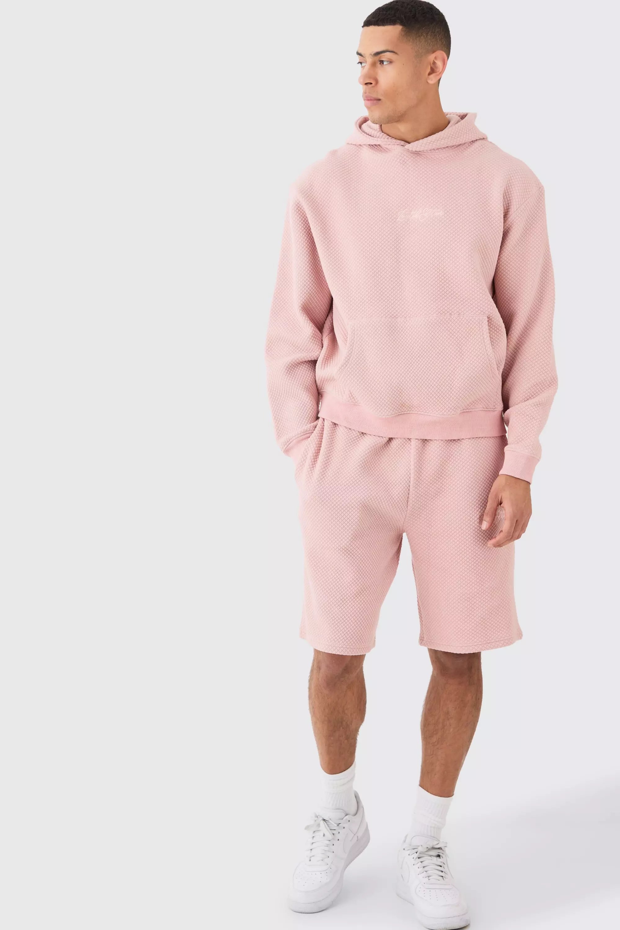 Oversized Boxy Quilted Embroided Hooded Short Tracksuit Dusty pink