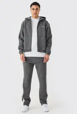 Oversized Boxy Quilted Embroided Hooded Short Tracksuit Charcoal