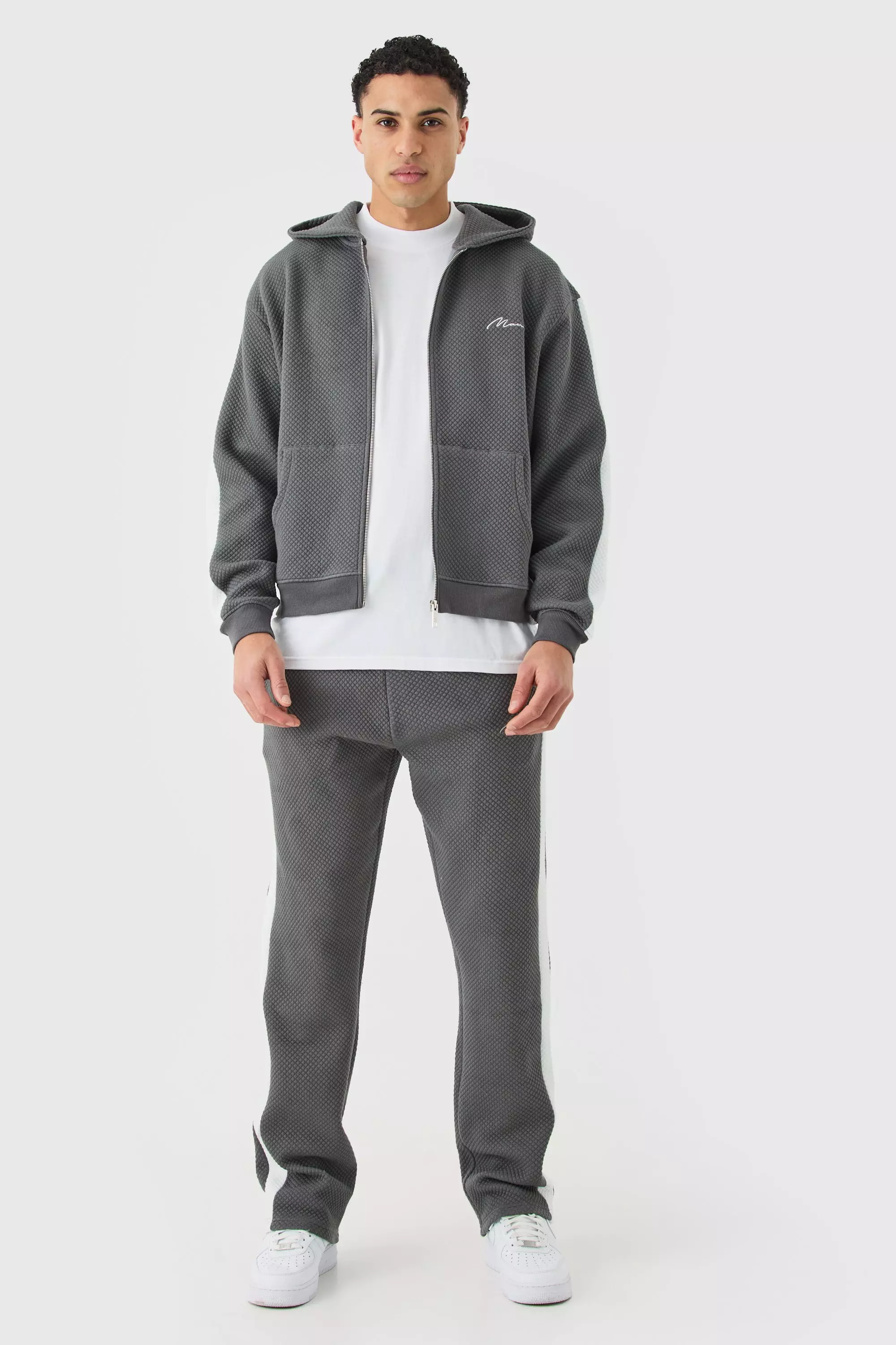 Charcoal Grey Oversized Boxy Quilted Embroided Hooded Short Tracksuit