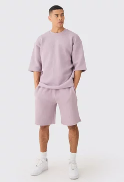 Oversized Quilted Herringbone Man T-shirt And Short Set Purple