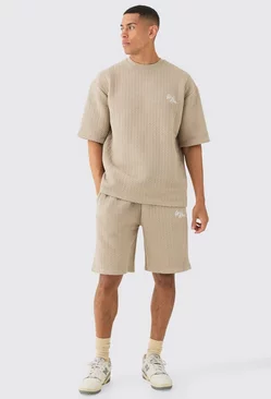 Oversized Quilted Herringbone T-shirt And Short Set Taupe