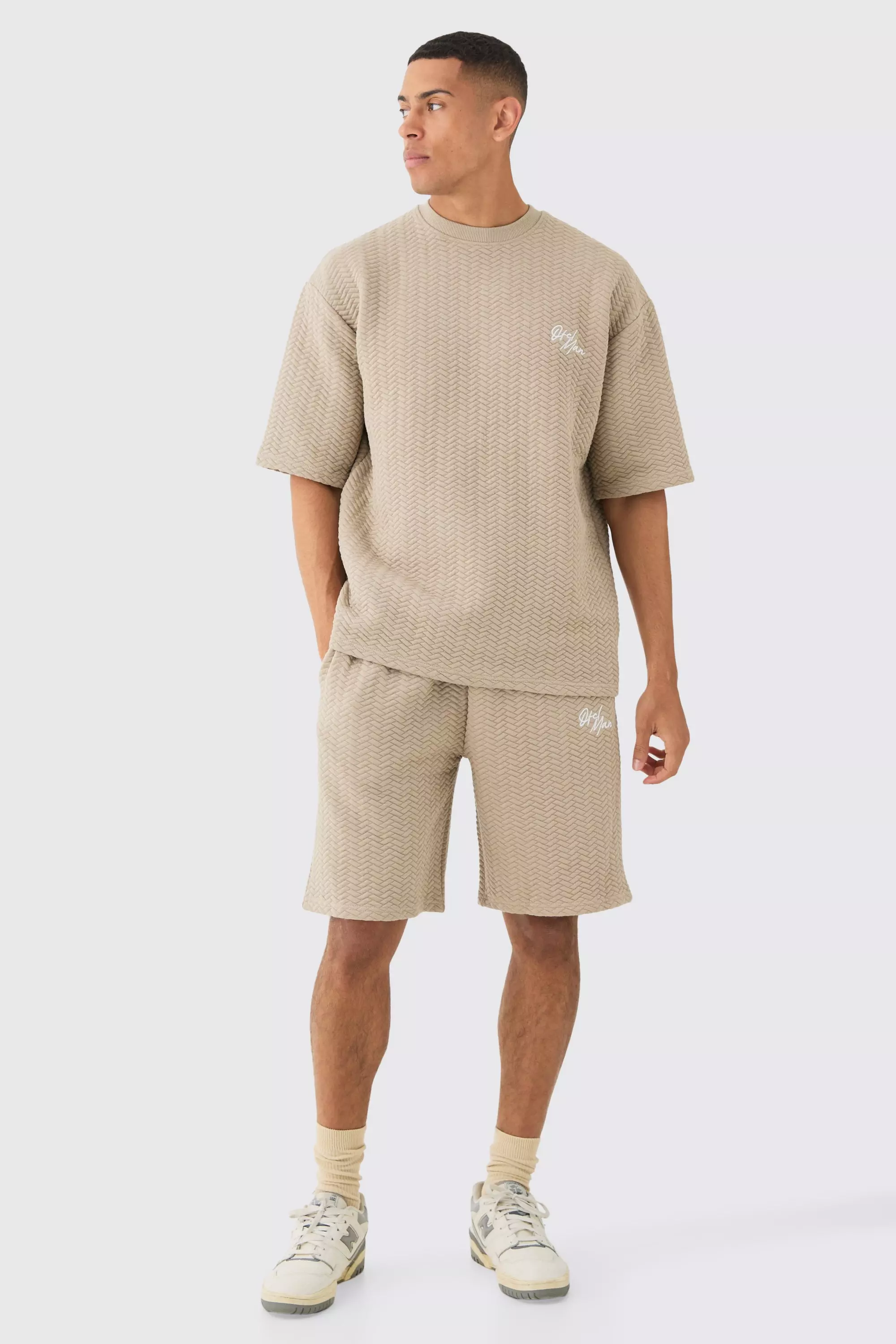 Taupe Beige Oversized Quilted Herringbone T-shirt And Short Set