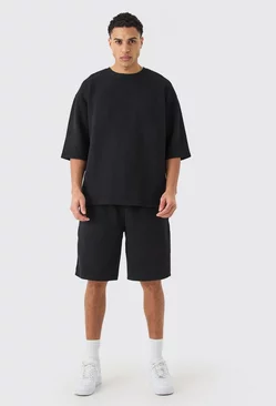 Oversized Quilted Herringbone T-shirt And Short Set Black