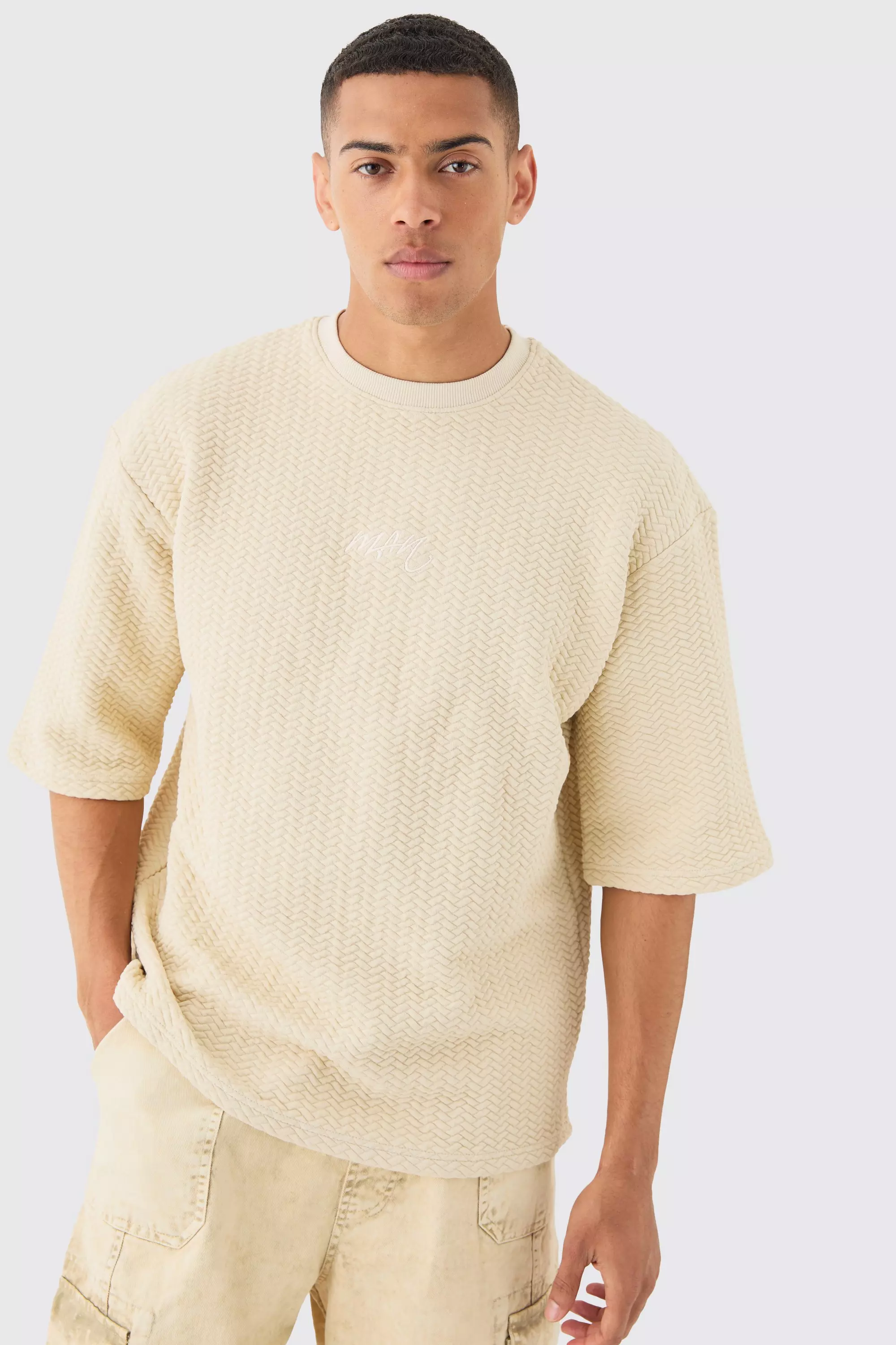 Oversized Half Sleeve Herringbone Man T-shirt Stone