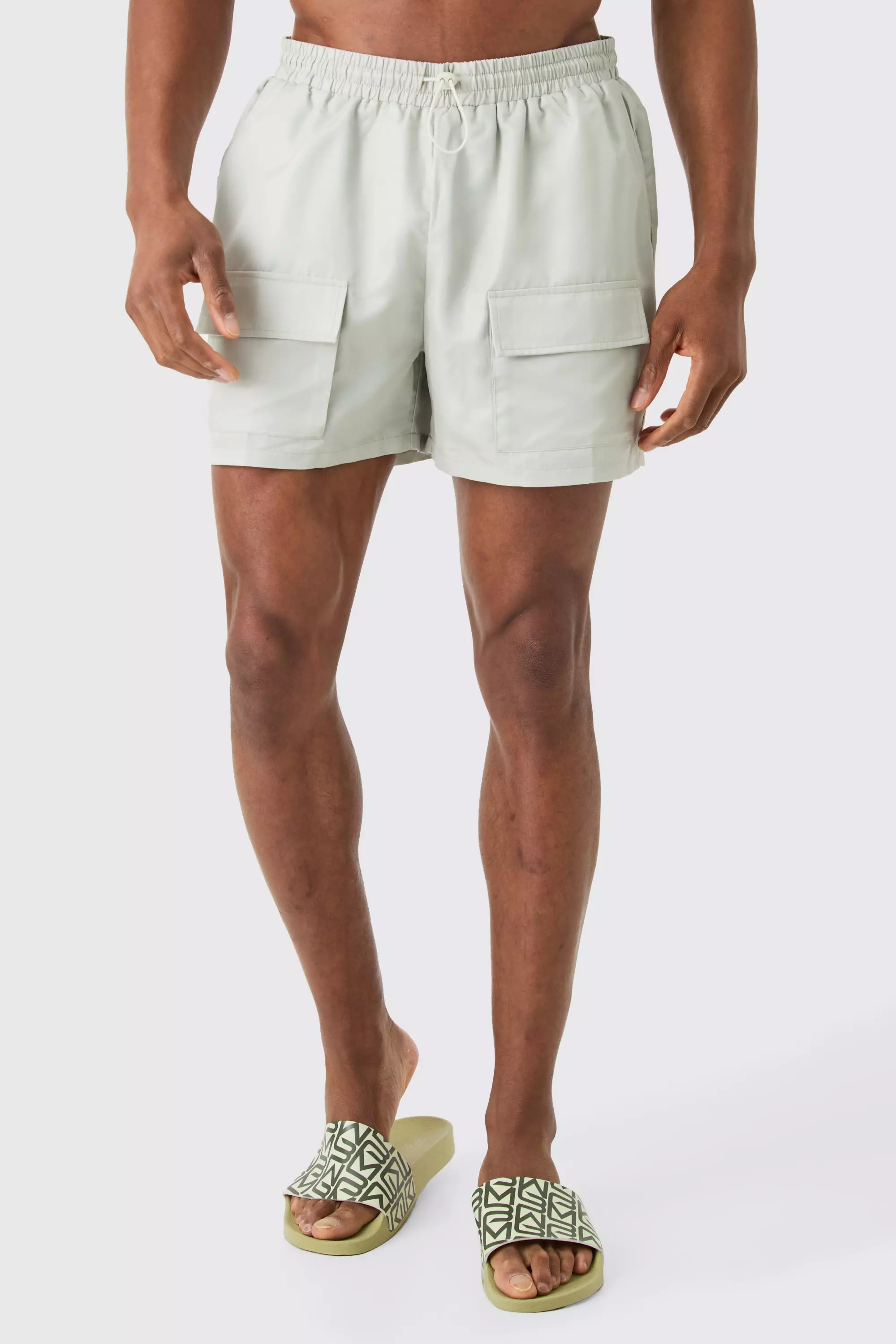 Short Length Cargo Bungee Swim Shorts Beige