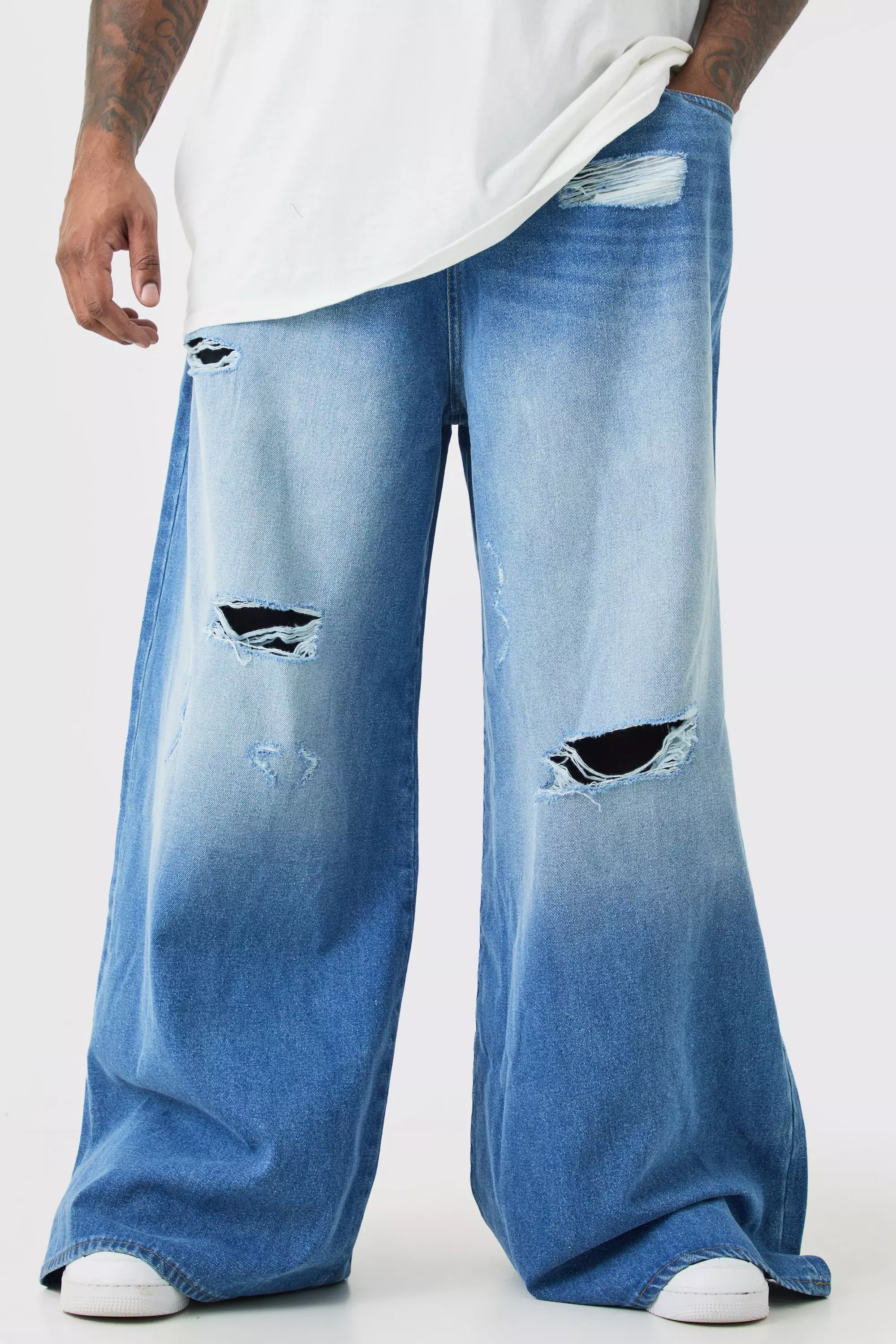 Plus Extreme Baggy Frayed Self Fabric Applique Jeans Light blue