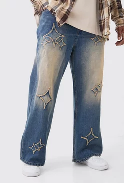 Plus Relaxed Rigid Flare Self Fabric Applique Gusset Jeans Antique wash