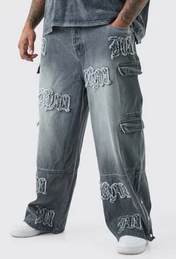 Grey Plus Baggy Rigid Bm Applique Multi Pocket Cargo Jeans