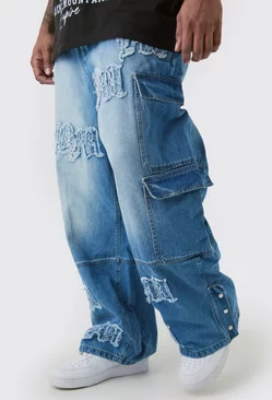 Plus Baggy Rigid Bm Applique Multi Pocket Cargo Jeans Light blue