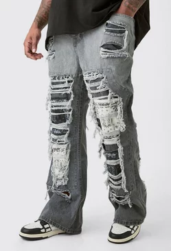 Plus Slim Rigid Flare Rip & Repair Applique Jeans Grey