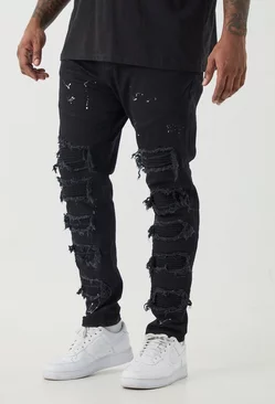 Black Plus Super Skinny Pu Biker Rip & Repair Paint Splatter Jeans