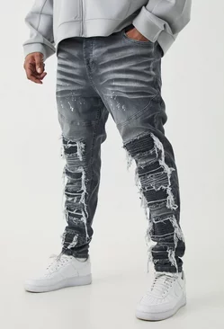 Plus Super Skinny Pu Biker Rip & Repair Paint Splatter Jeans Grey