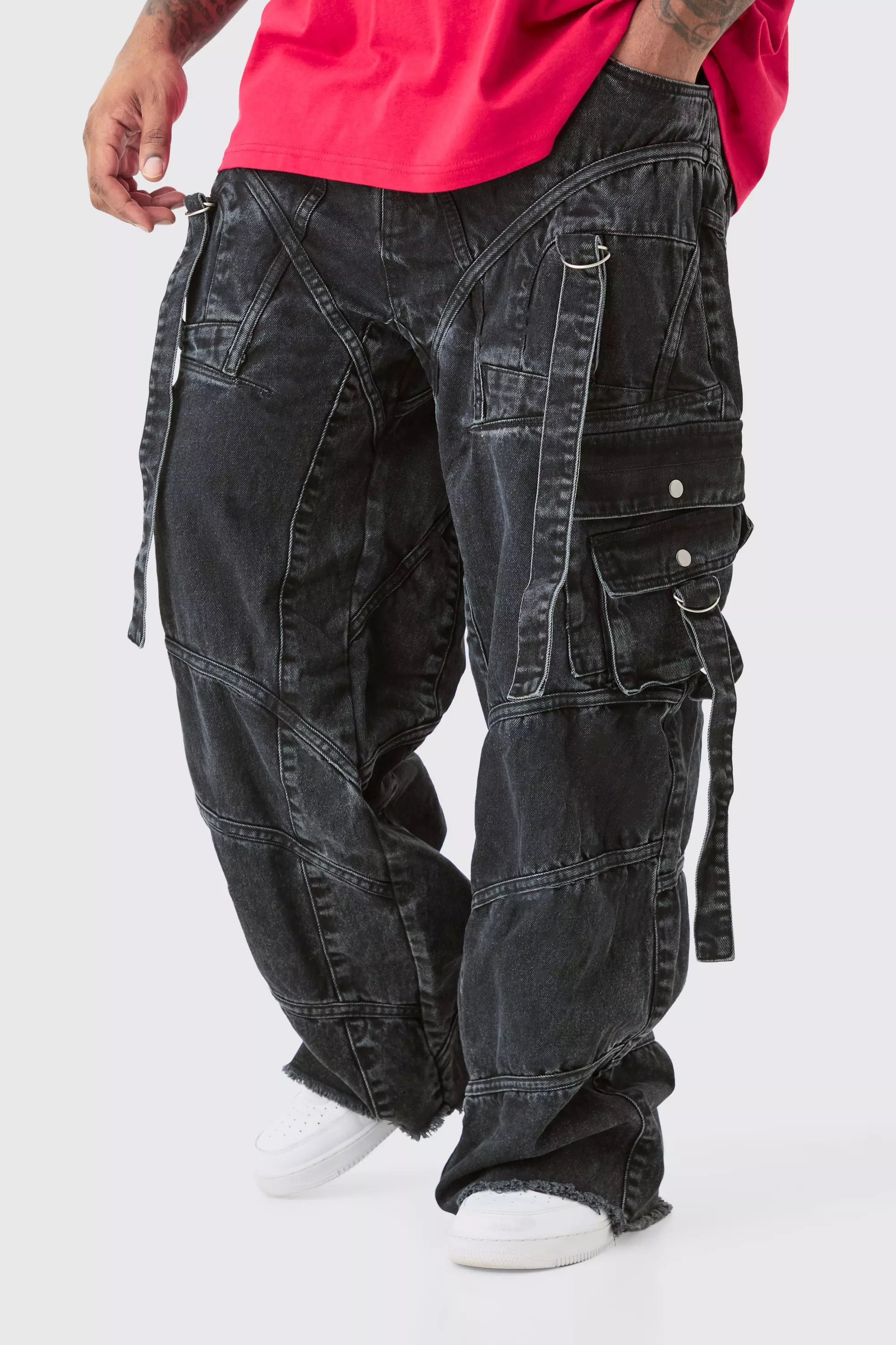 Washed black Plus Onbewerkte Baggy Jeans Met Gesp En Bandjes alternatieve afbeelding