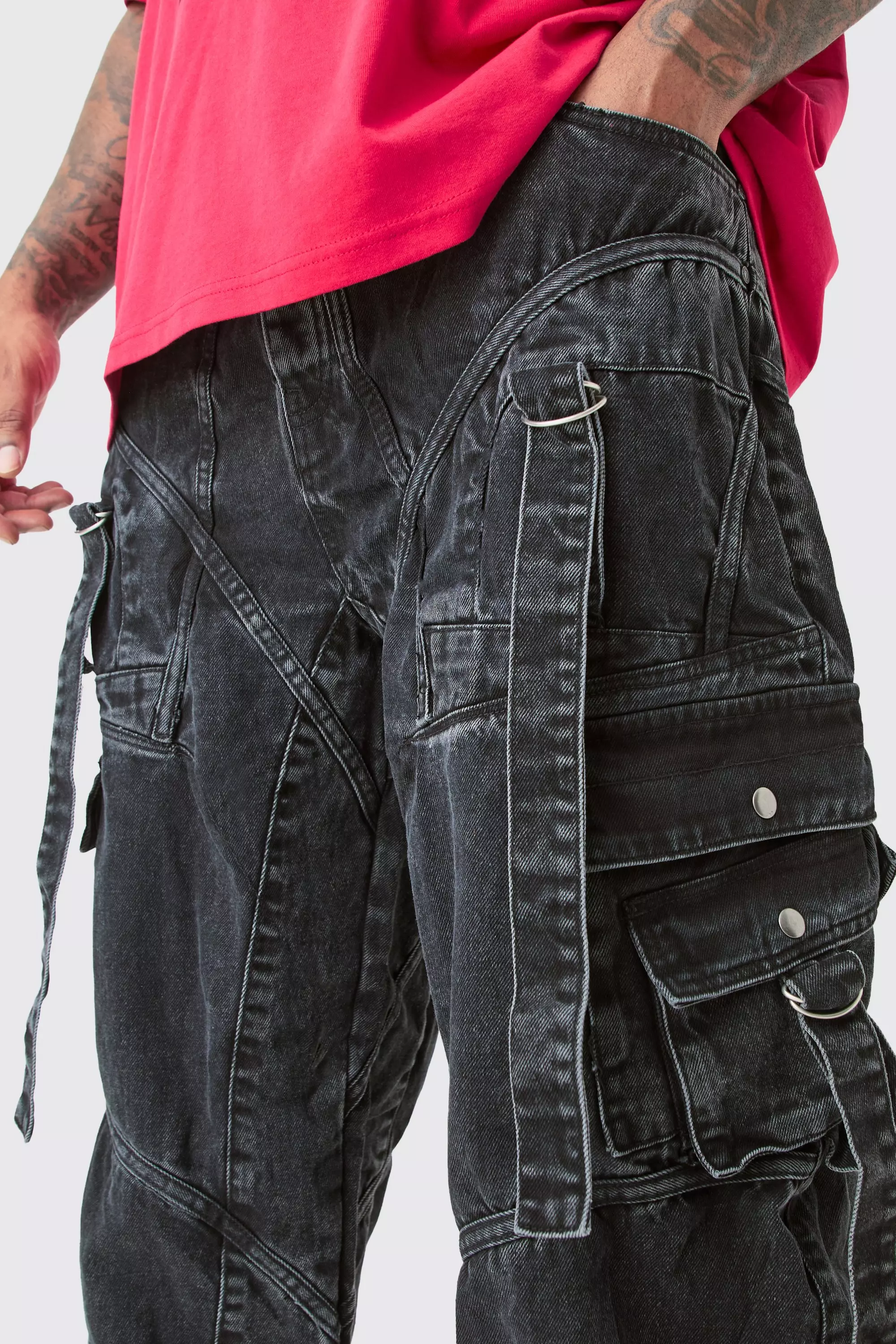 Washed black Plus Onbewerkte Baggy Jeans Met Gesp En Bandjes alternatieve afbeelding