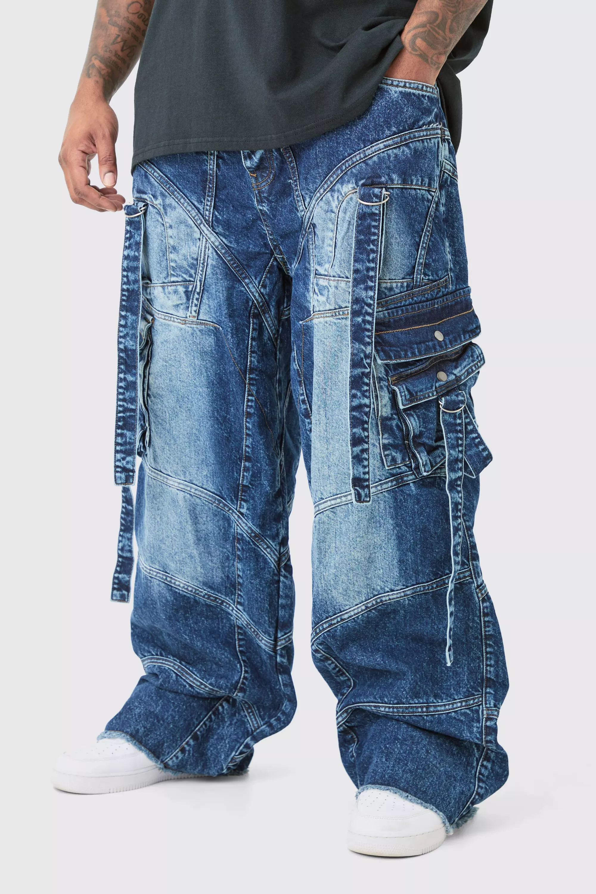 Indigo Plus Baggy Rigid Strap And Buckle Detail Jeans alternative image