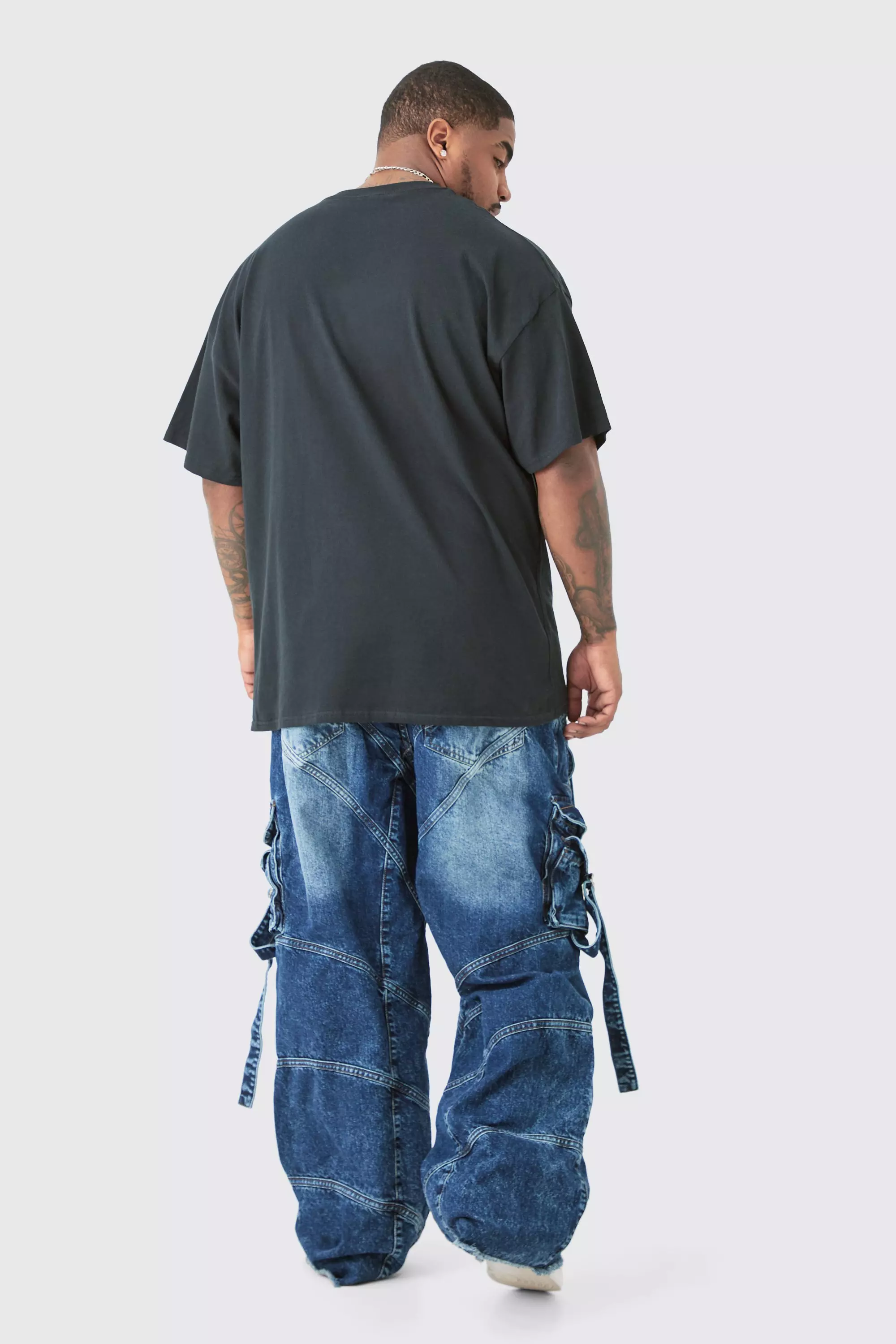 Indigo Plus Baggy Rigid Strap And Buckle Detail Jeans alternative image