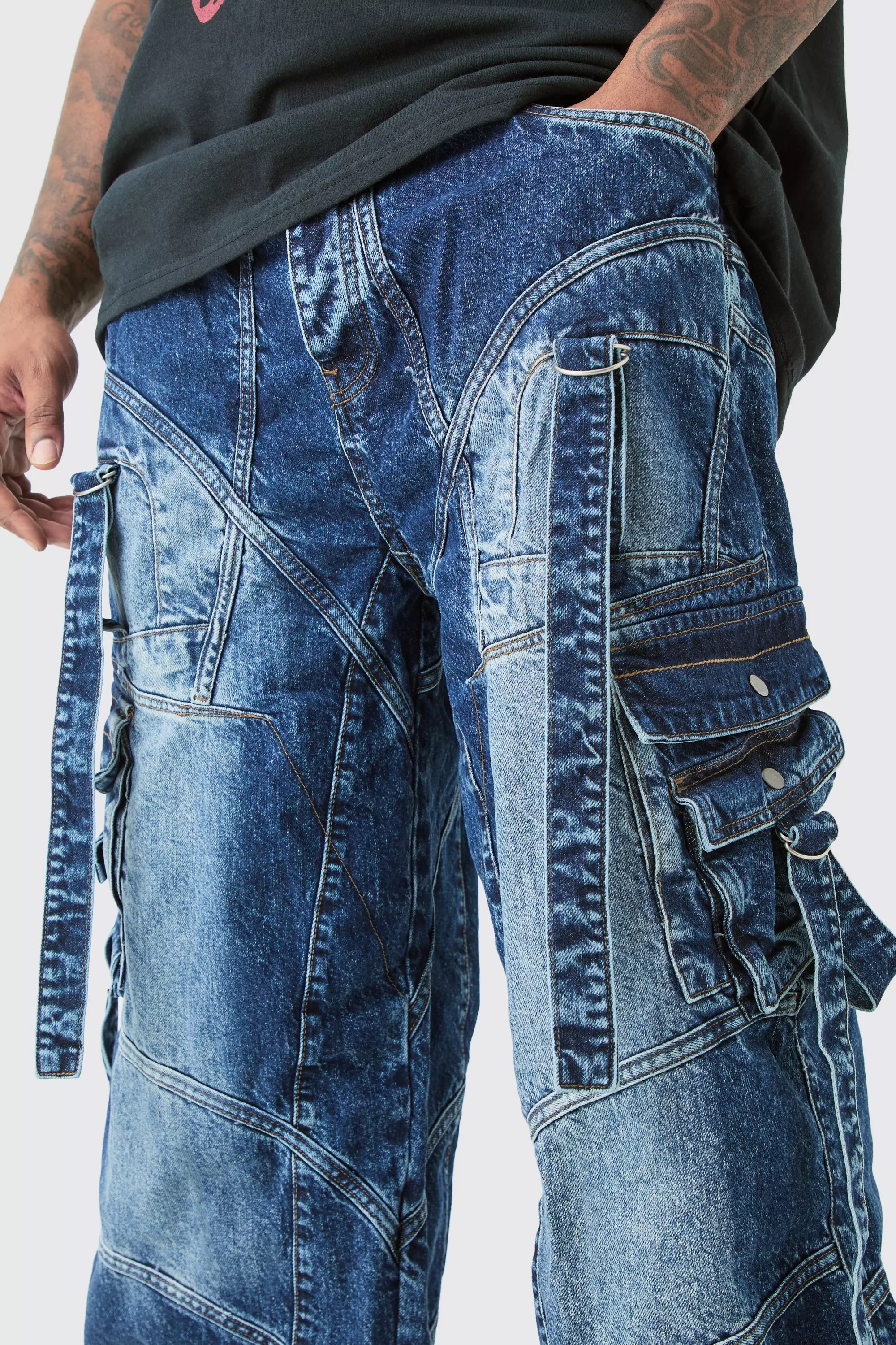 Indigo Plus Baggy Rigid Strap And Buckle Detail Jeans alternative image